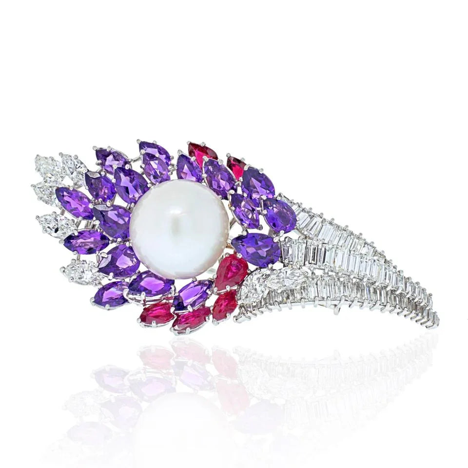 David Webb 18K White Gold Diamond, Amethysts, Ruby And Pearl Brooch — Laura Milman New York