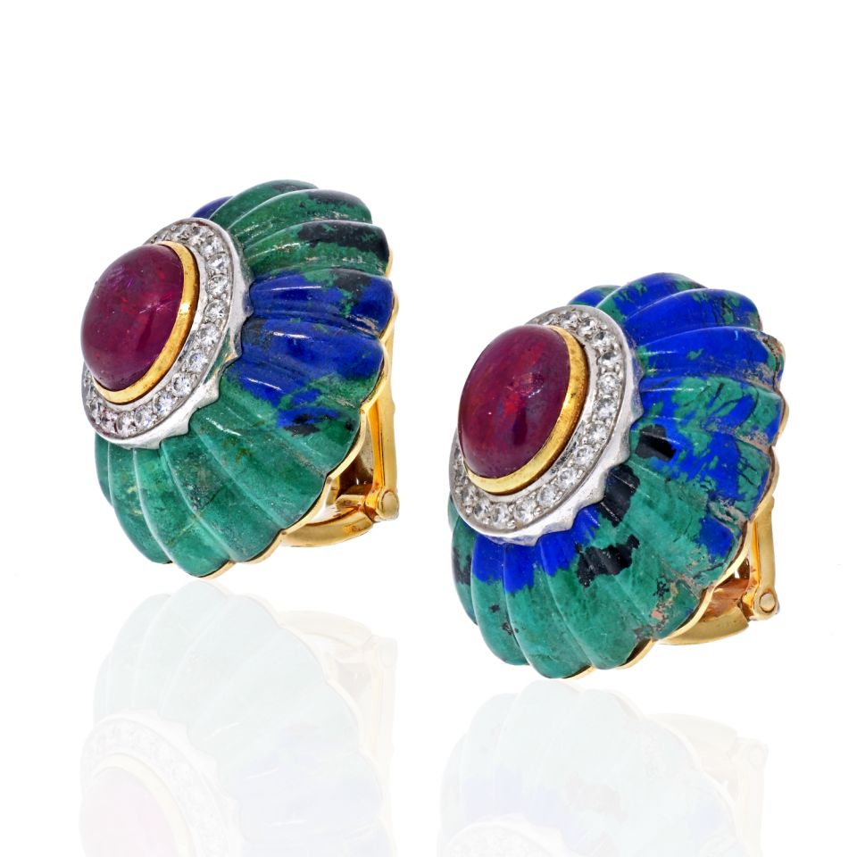 David Webb 18K Yellow Gold Azurite-Malachite, Ruby, Diamond Earrings — view 2 — Laura Milman New York