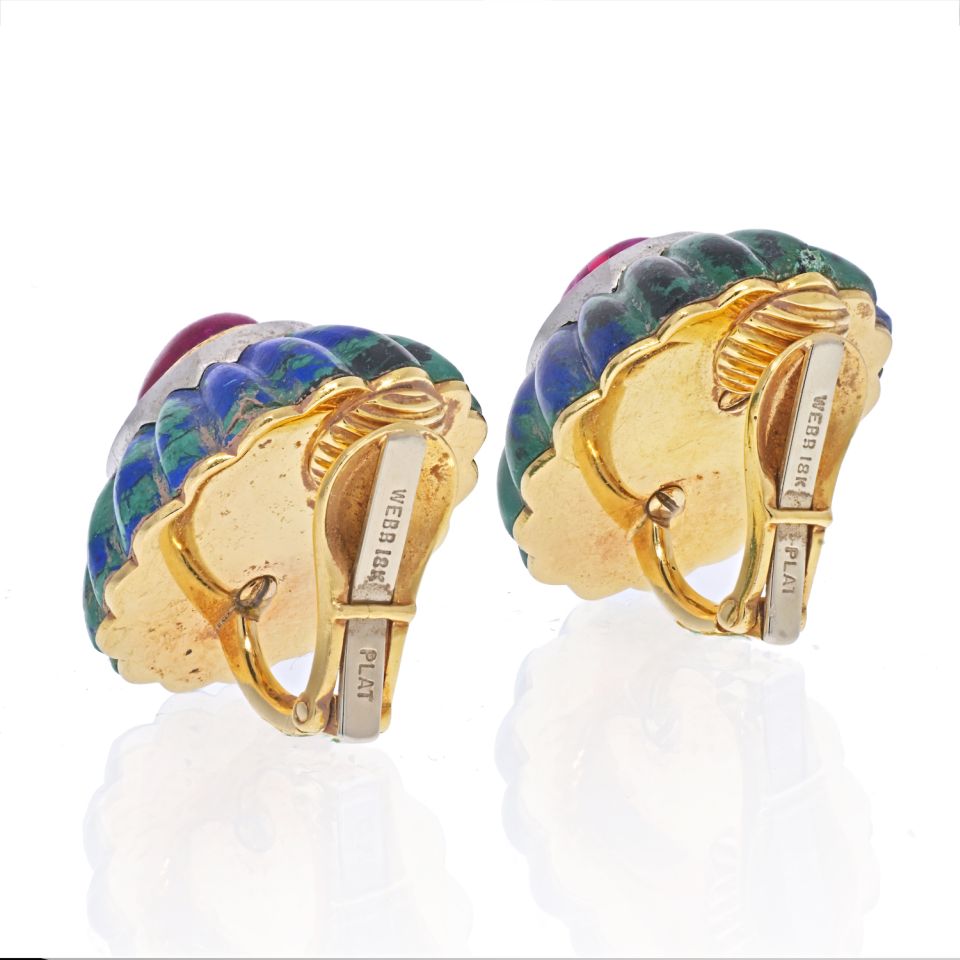 David Webb 18K Yellow Gold Azurite-Malachite, Ruby, Diamond Earrings — view 3 — Laura Milman New York