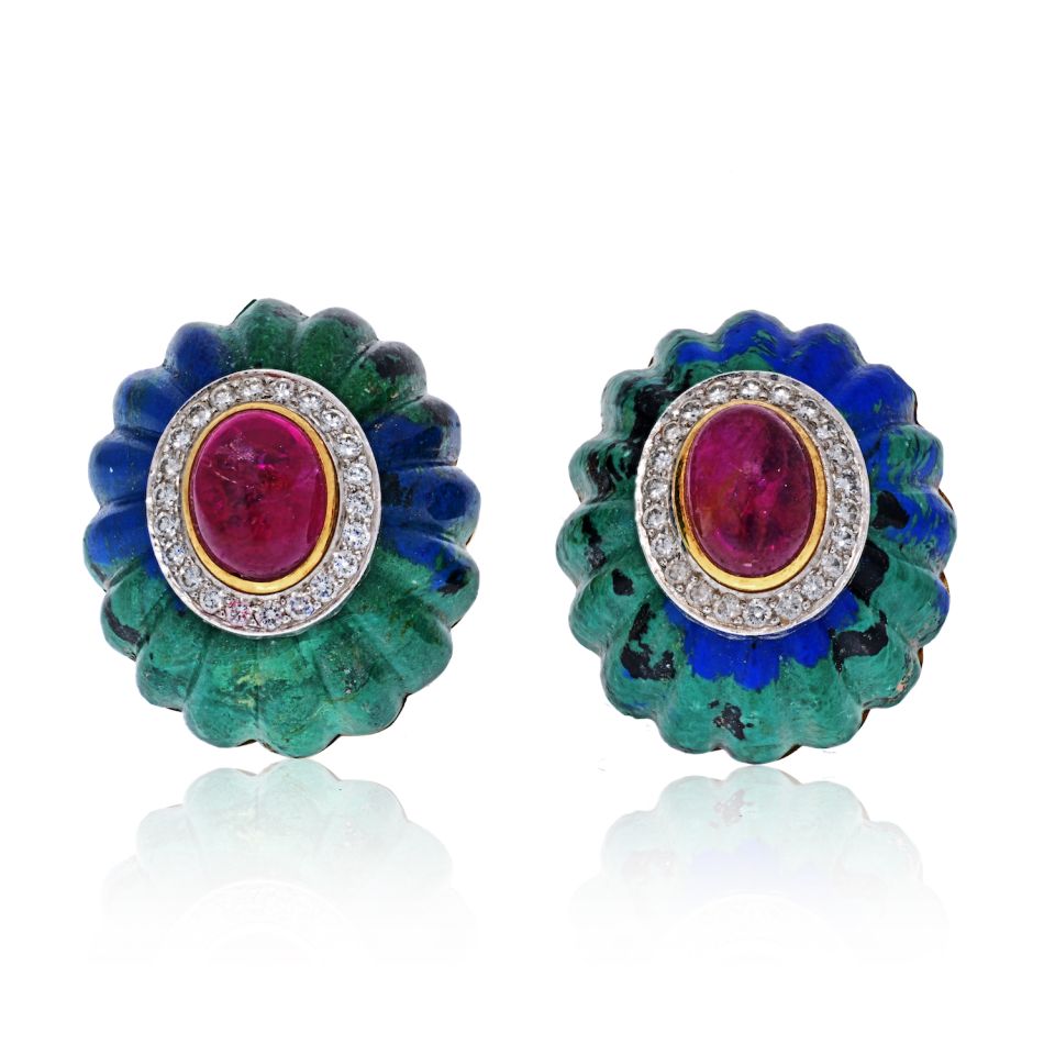 David Webb 18K Yellow Gold Azurite-Malachite, Ruby, Diamond Earrings — Laura Milman New York