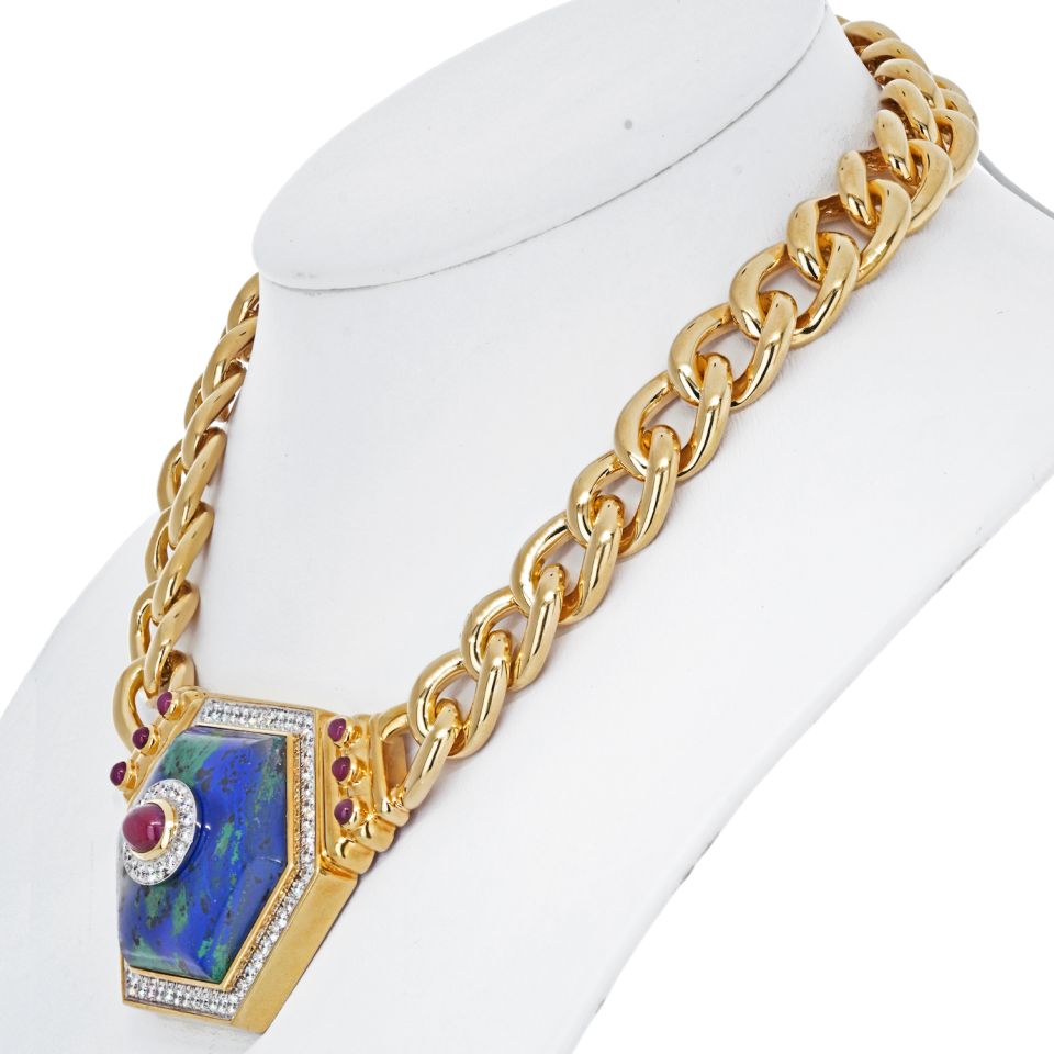 David Webb 18K Yellow Gold Hexagonal-Shaped Azurmalachite Necklace — view 2 — Laura Milman New York