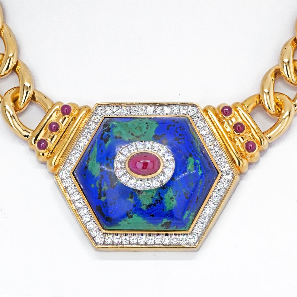 David Webb 18K Yellow Gold Hexagonal-Shaped Azurmalachite Necklace — view 3 — Laura Milman New York