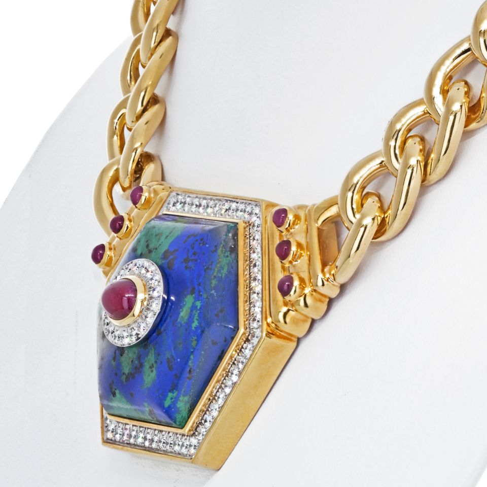 David Webb 18K Yellow Gold Hexagonal-Shaped Azurmalachite Necklace — view 4 — Laura Milman New York