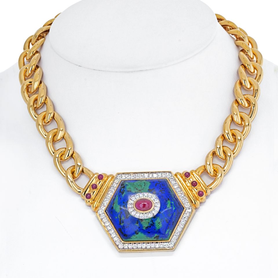 David Webb 18K Yellow Gold Hexagonal-Shaped Azurmalachite Necklace — Laura Milman New York