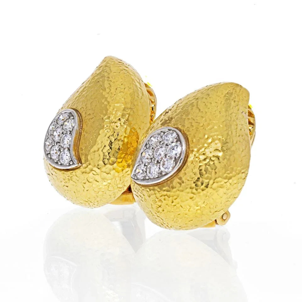 David Webb Platinum & 18K Yellow Gold Hammered Teardrop, Diamond Earrings — view 2 — Laura Milman New York