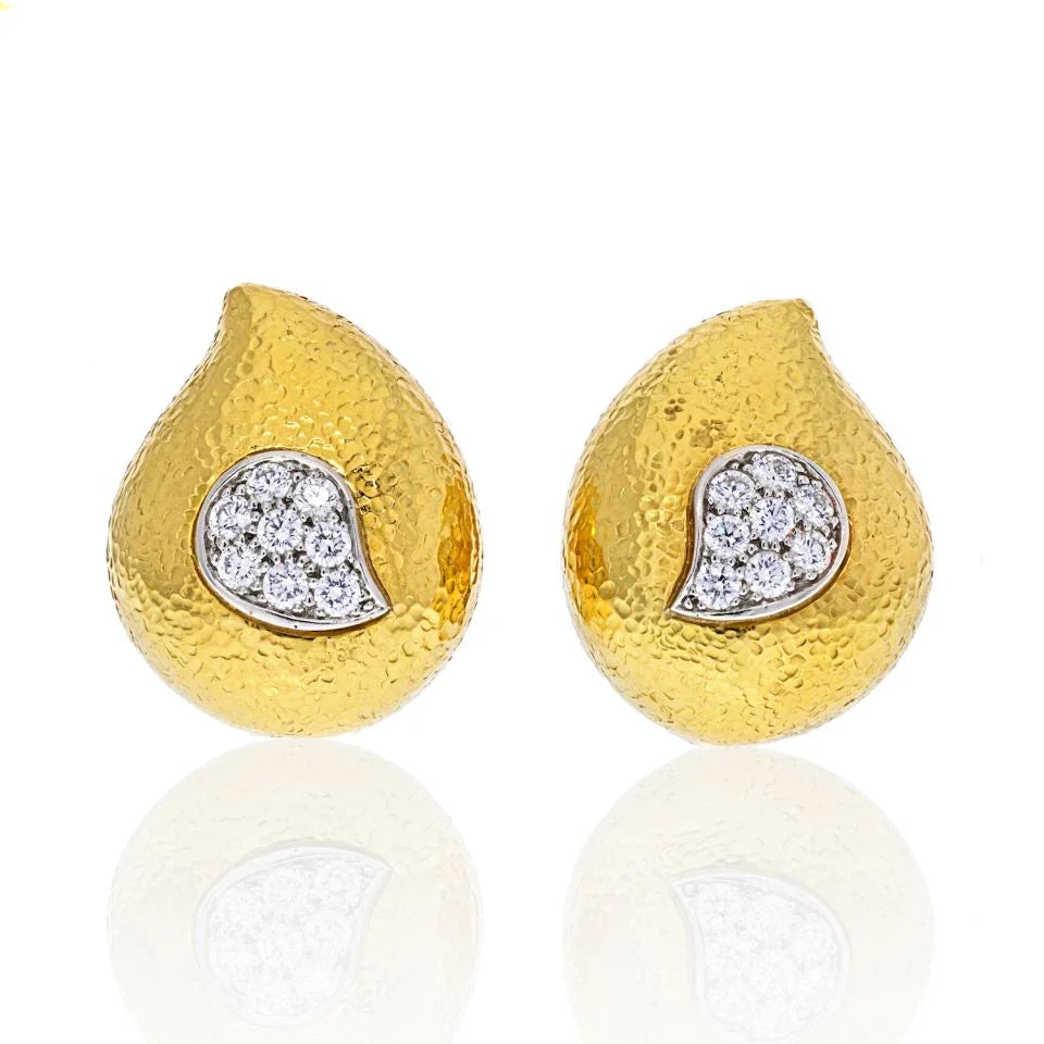 David Webb Platinum & 18K Yellow Gold Hammered Teardrop, Diamond Earrings — Laura Milman New York