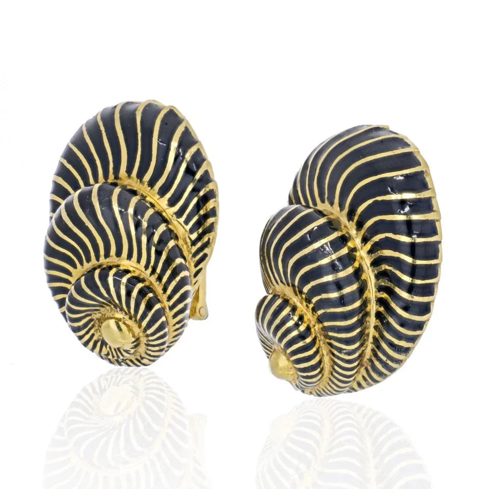 David Webb Platinum & 18K Yellow Gold Black Enamel Seashell Earrings — view 2 — Laura Milman New York