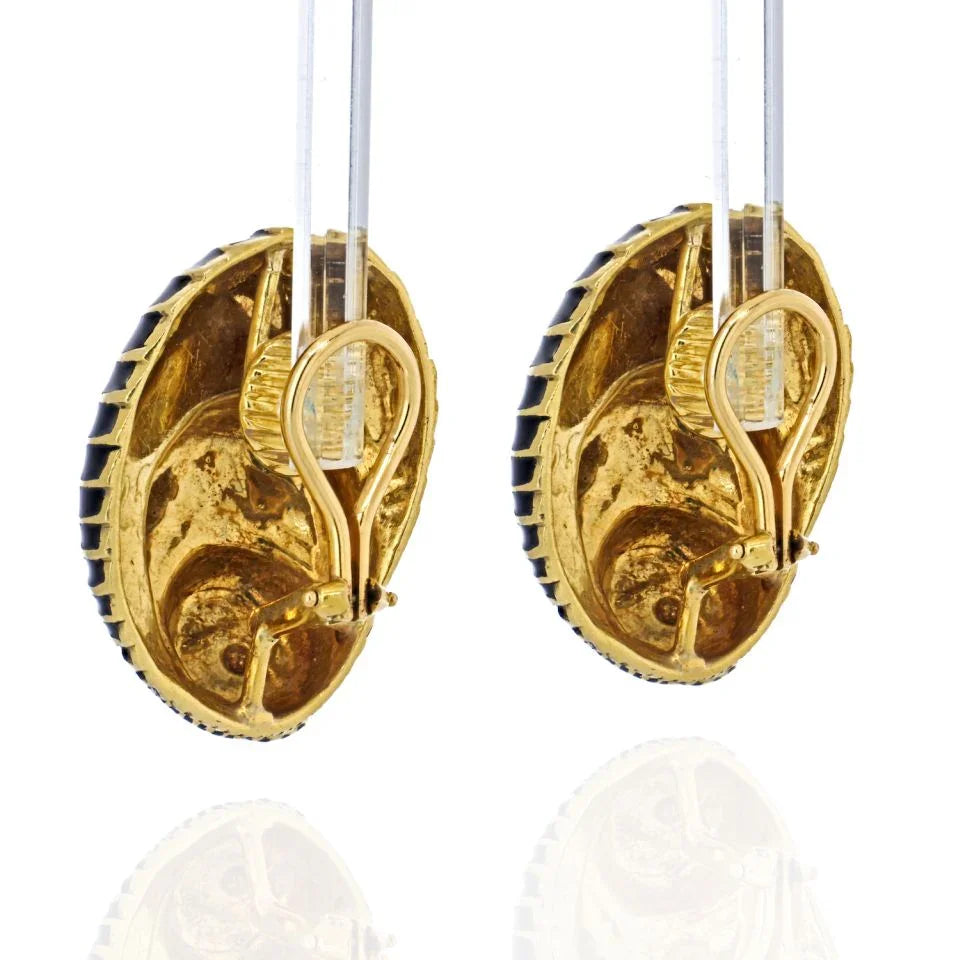 David Webb Platinum & 18K Yellow Gold Black Enamel Seashell Earrings — view 3 — Laura Milman New York