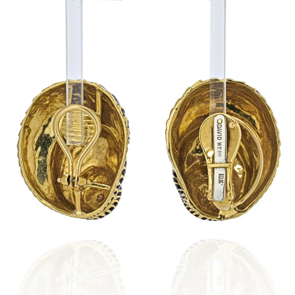 David Webb Platinum & 18K Yellow Gold Black Enamel Seashell Earrings — view 4 — Laura Milman New York