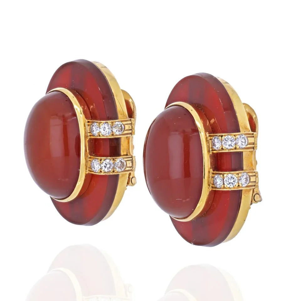 David Webb 18K Yellow Gold Carnelian And Diamond Bombe Earrings — view 2 — Laura Milman New York