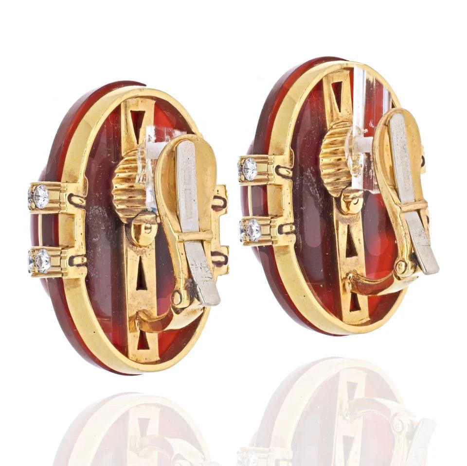 David Webb 18K Yellow Gold Carnelian And Diamond Bombe Earrings — view 3 — Laura Milman New York