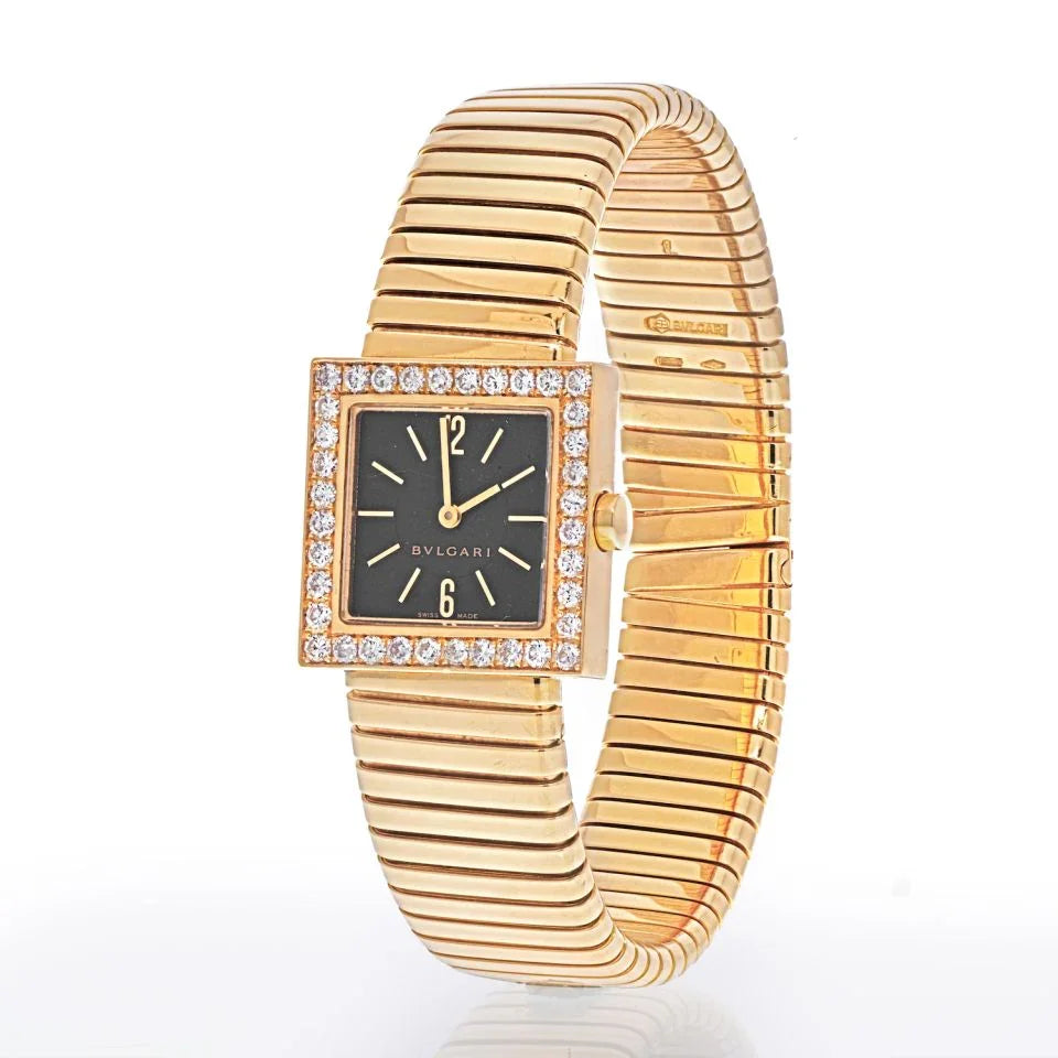Pre-Owned Bvlgari 18K Yellow Gold SQ 22 2T Quadrato Tubogas Diamond Bezel Women Watch - Bvlgari Watch — Laura Milman New York