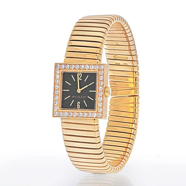 Pre-Owned Bvlgari 18K Yellow Gold SQ 22 2T Quadrato Tubogas Diamond Bezel Women Watch - Bvlgari Watch