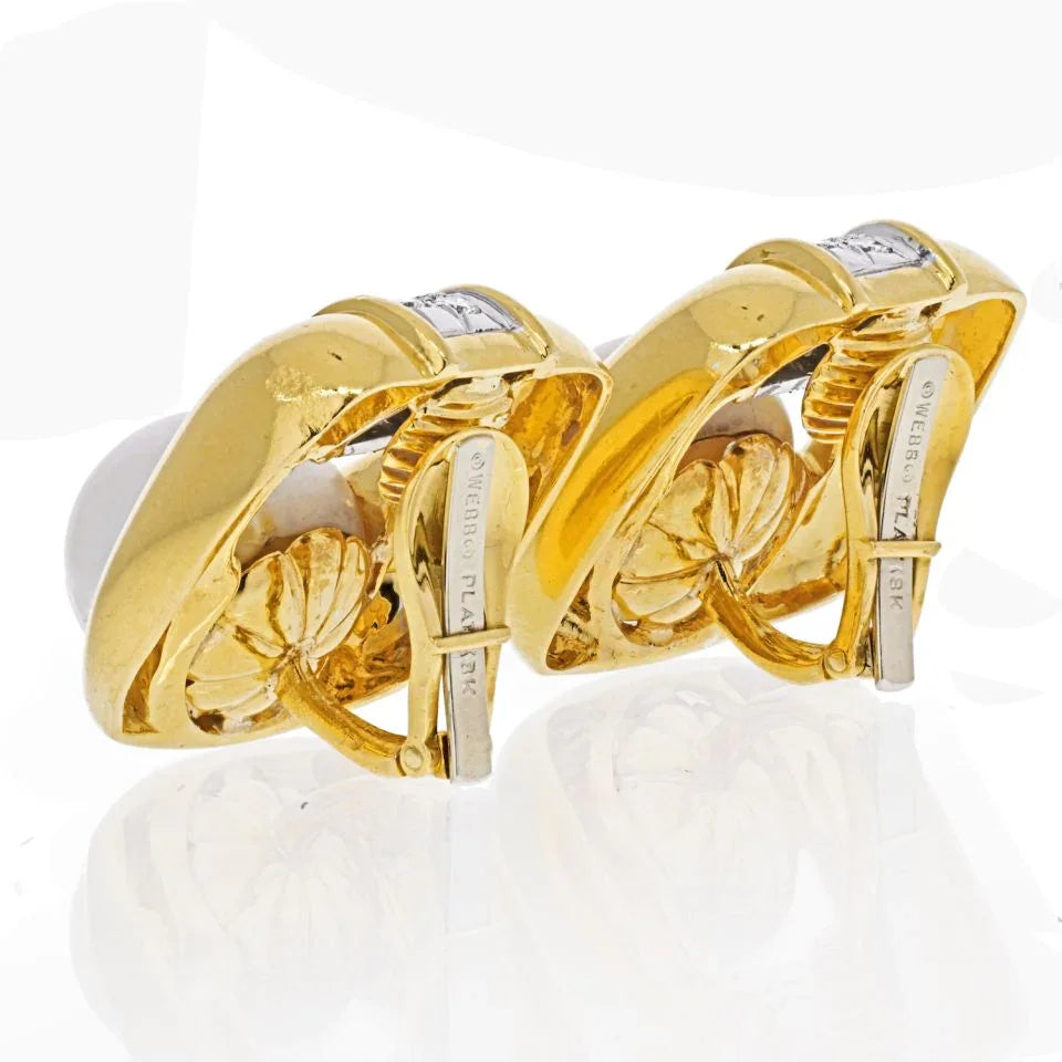 David Webb Platinum & 18K Yellow Gold Soft Cushion Shaped Pearl And Diamond Earrings — view 3 — Laura Milman New York