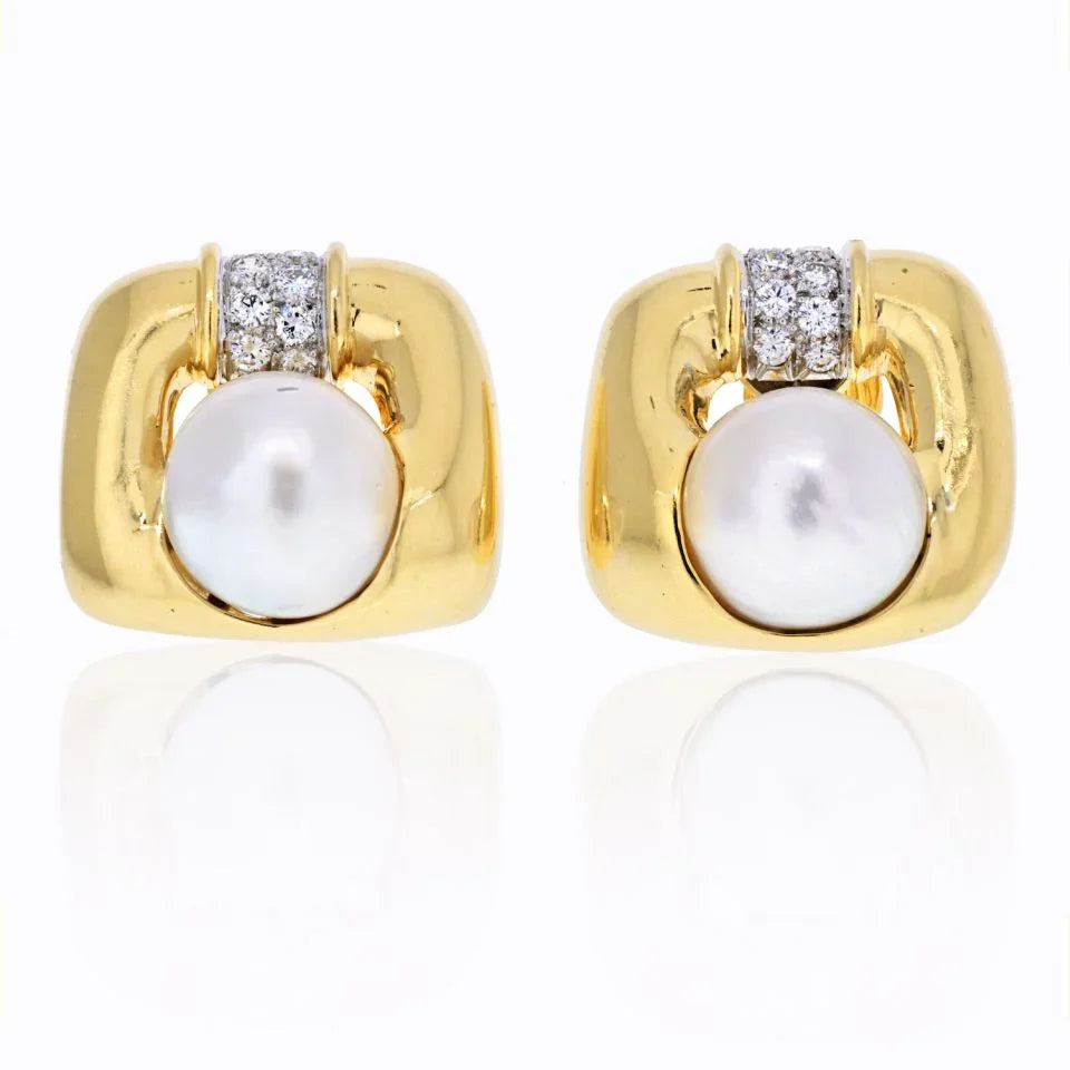 David Webb Platinum & 18K Yellow Gold Soft Cushion Shaped Pearl And Diamond Earrings — Laura Milman New York