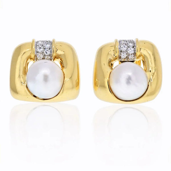 David Webb Platinum & 18K Yellow Gold Soft Cushion Shaped Pearl And Diamond Earrings