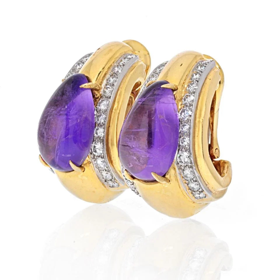 David Webb Platinum & 18K Yellow Gold Amethyst Teardrop Clip Earrings — view 2 — Laura Milman New York