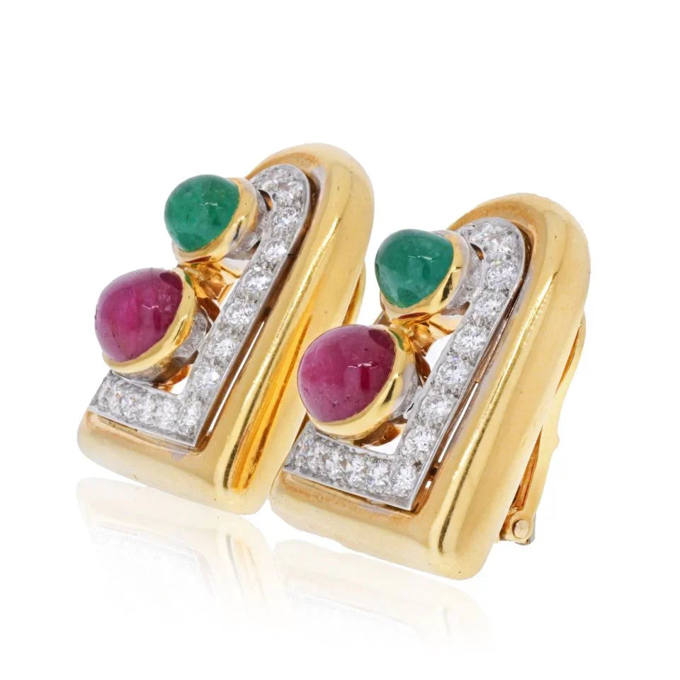 David Webb Platinum & 18K Yellow Gold Emerald, Ruby And Diamond Clip Earrings — view 2 — Laura Milman New York