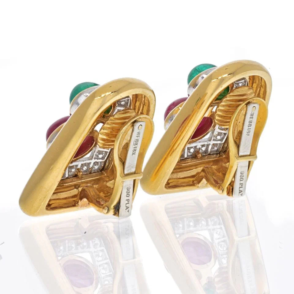 David Webb Platinum & 18K Yellow Gold Emerald, Ruby And Diamond Clip Earrings — view 3 — Laura Milman New York