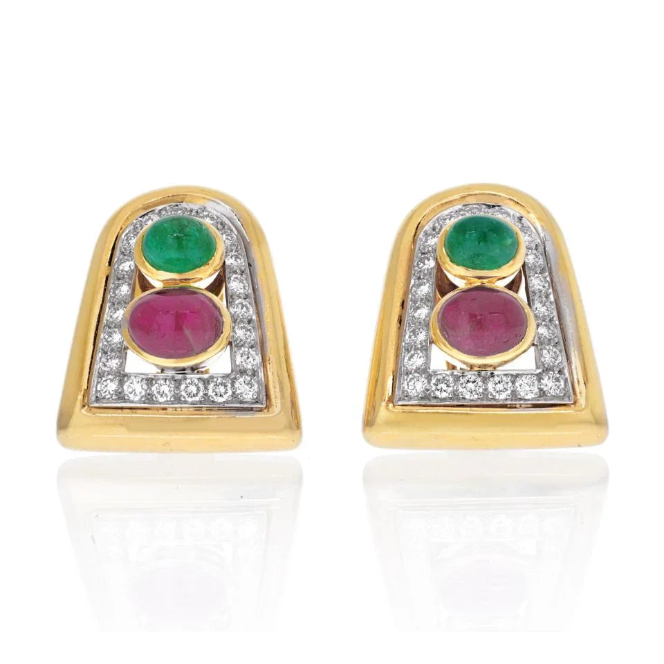 David Webb Platinum & 18K Yellow Gold Emerald, Ruby And Diamond Clip Earrings — Laura Milman New York