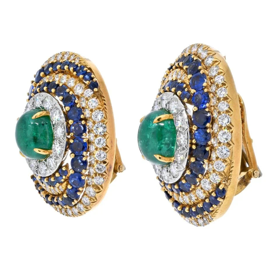 David Webb Platinum & 18K Yellow Gold Bombe Highly Decorated Diamond, Sapphire And Emerald Clip Earrings — view 2 — Laura Milman New York