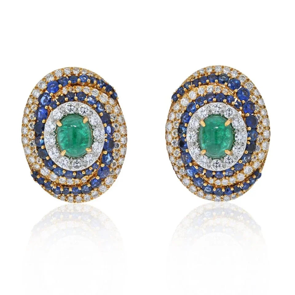 David Webb Platinum & 18K Yellow Gold Bombe Highly Decorated Diamond, Sapphire And Emerald Clip Earrings — Laura Milman New York