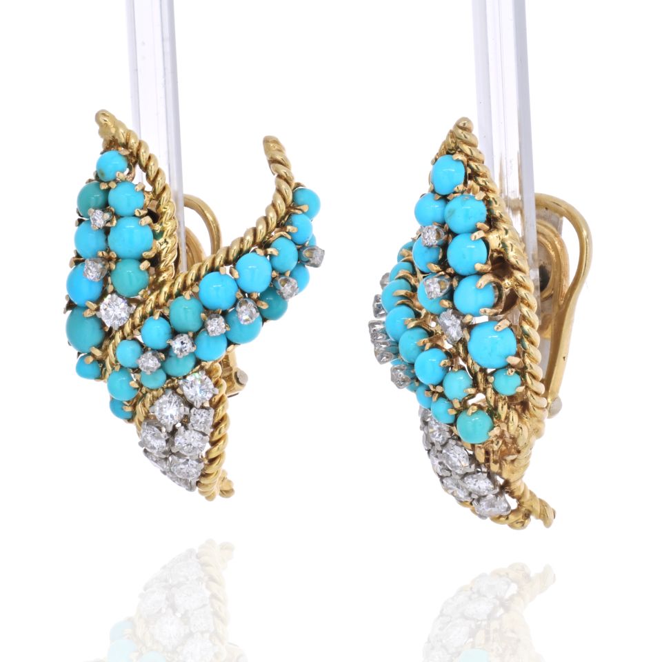 David Webb 18K Yellow Gold Turquoise Beads And Diamond Earrings — view 2 — Laura Milman New York