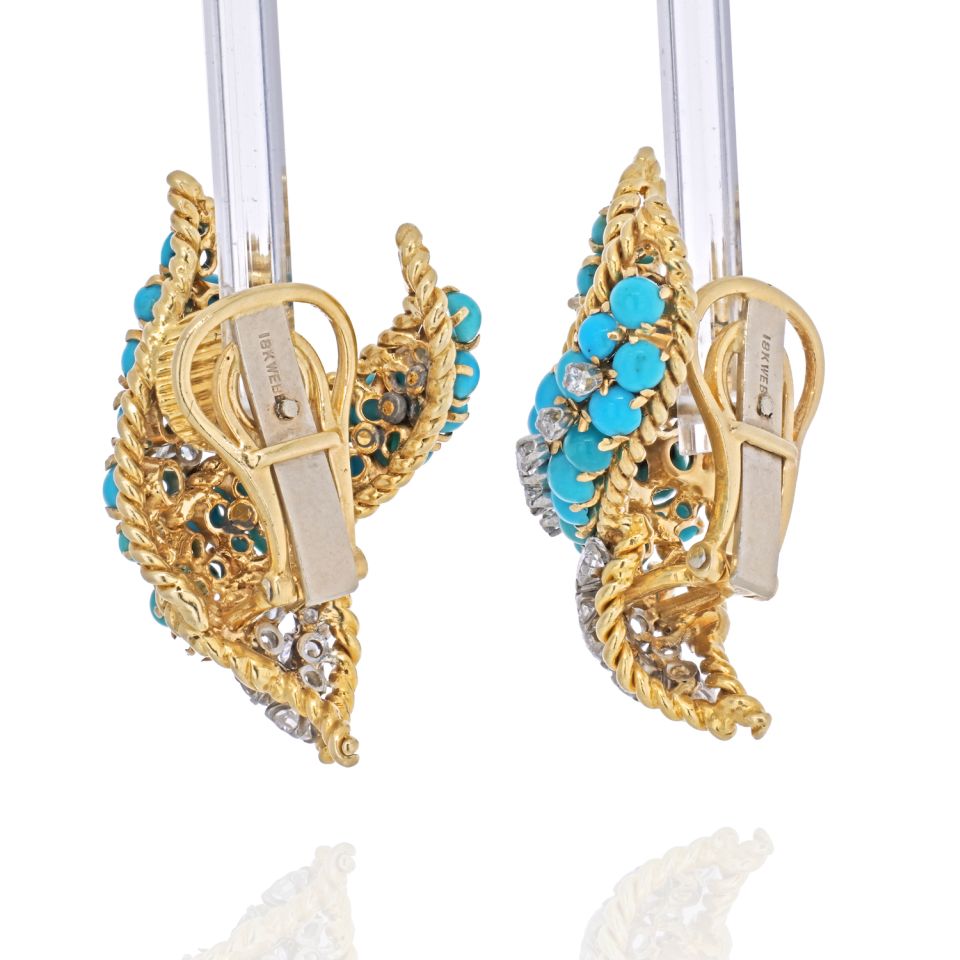 David Webb 18K Yellow Gold Turquoise Beads And Diamond Earrings — view 3 — Laura Milman New York