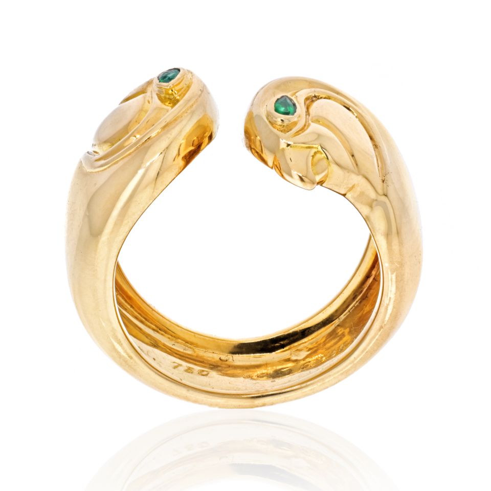 Vintage Cartier Anoubois Ring in 18K Yellow Gold with Emerald Eyes, Size 50 EU