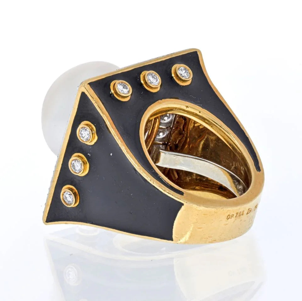 David Webb Platinum & 18K Yellow Gold Black Enamel, Pearl And Diamond Ring — view 3 — Laura Milman New York