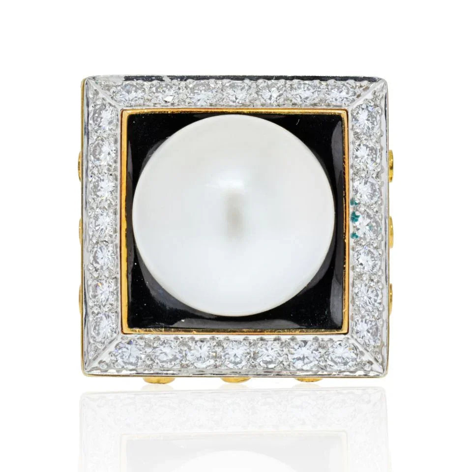 David Webb Platinum & 18K Yellow Gold Black Enamel, Pearl And Diamond Ring — view 5 — Laura Milman New York