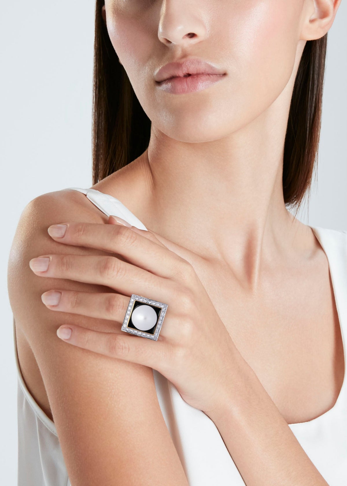 David Webb Platinum & 18K Yellow Gold Black Enamel, Pearl And Diamond Ring — view 9 — Laura Milman New York