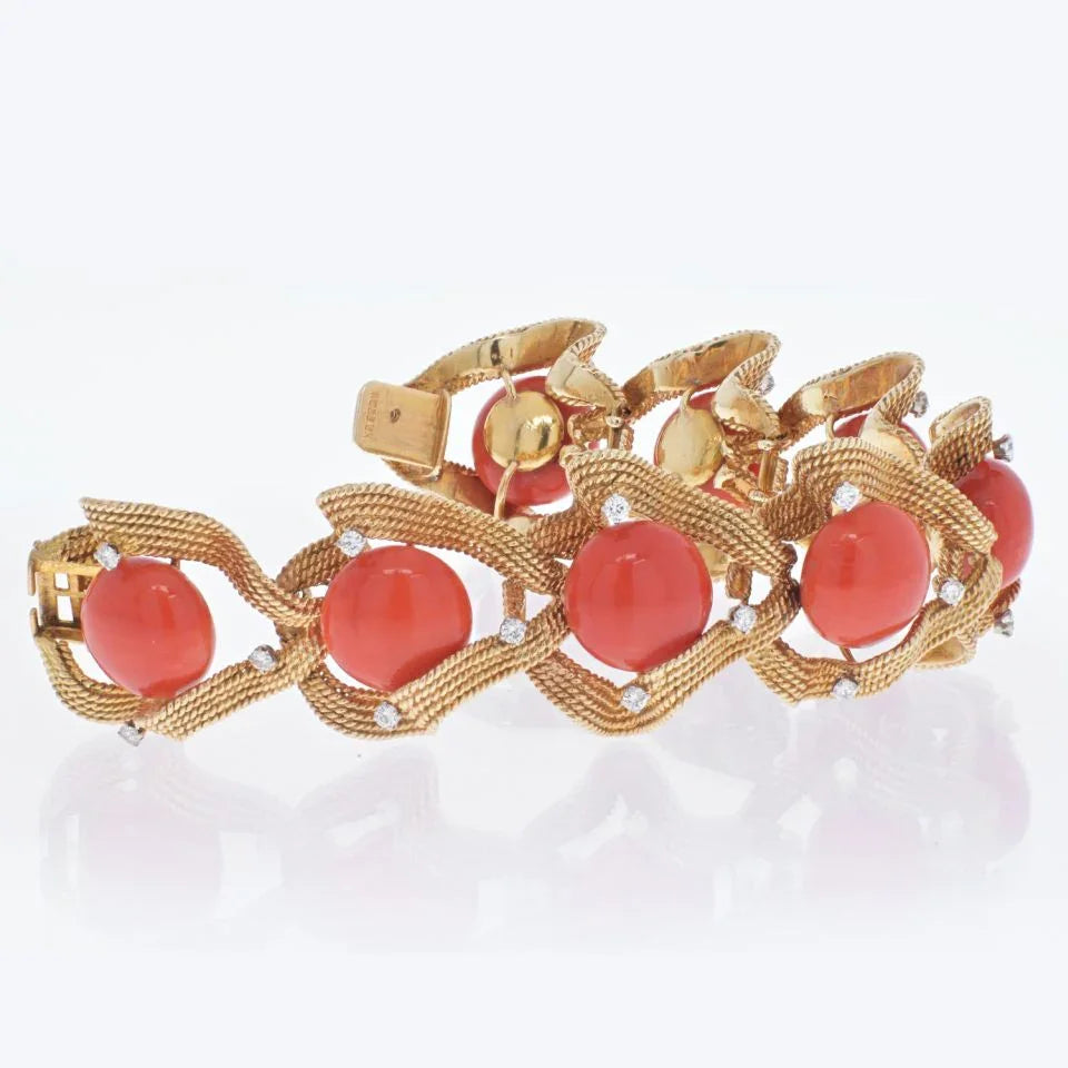 David Webb 18K Yellow Gold Coral And Diamond 1960's Bracelet — view 2 — Laura Milman New York
