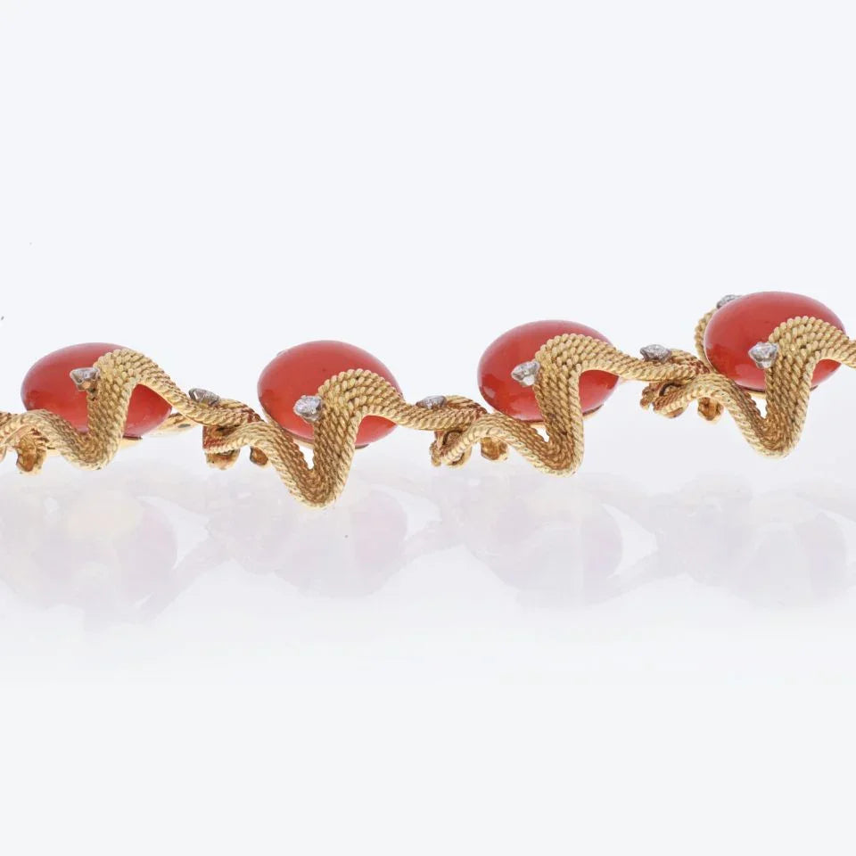 David Webb 18K Yellow Gold Coral And Diamond 1960's Bracelet — view 4 — Laura Milman New York