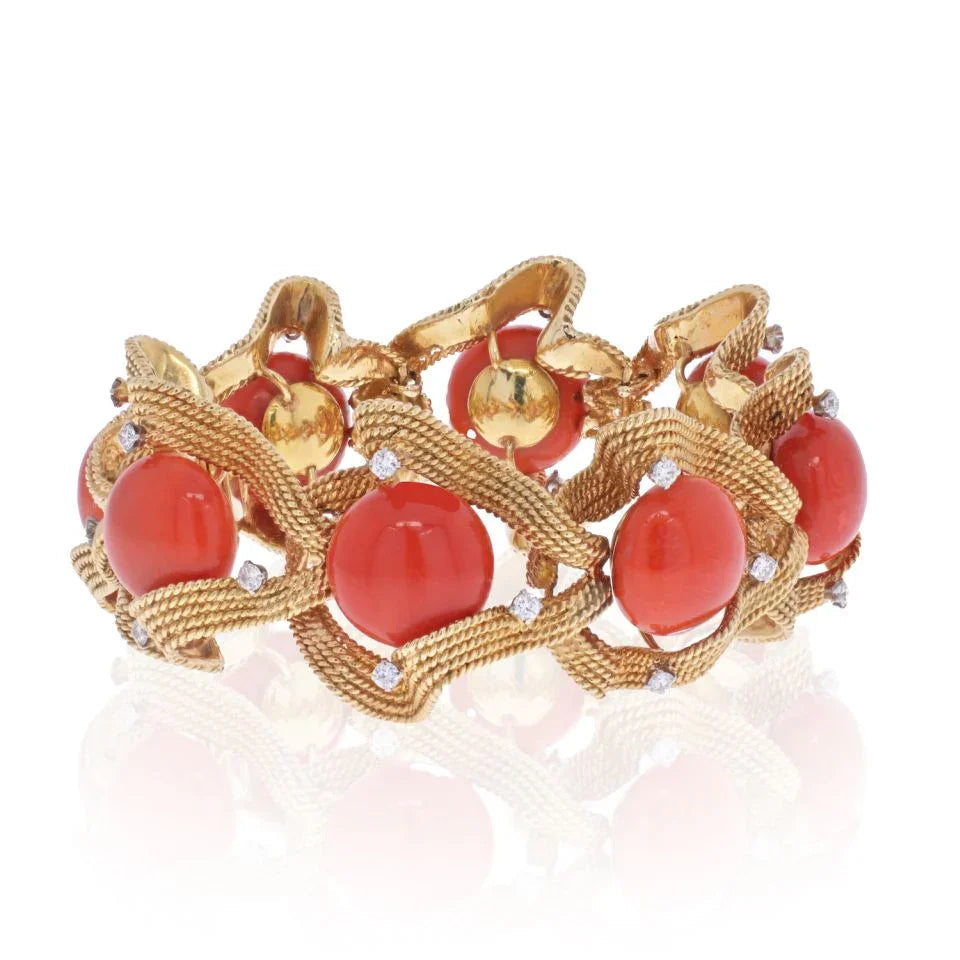 David Webb 18K Yellow Gold Coral And Diamond 1960's Bracelet — Laura Milman New York