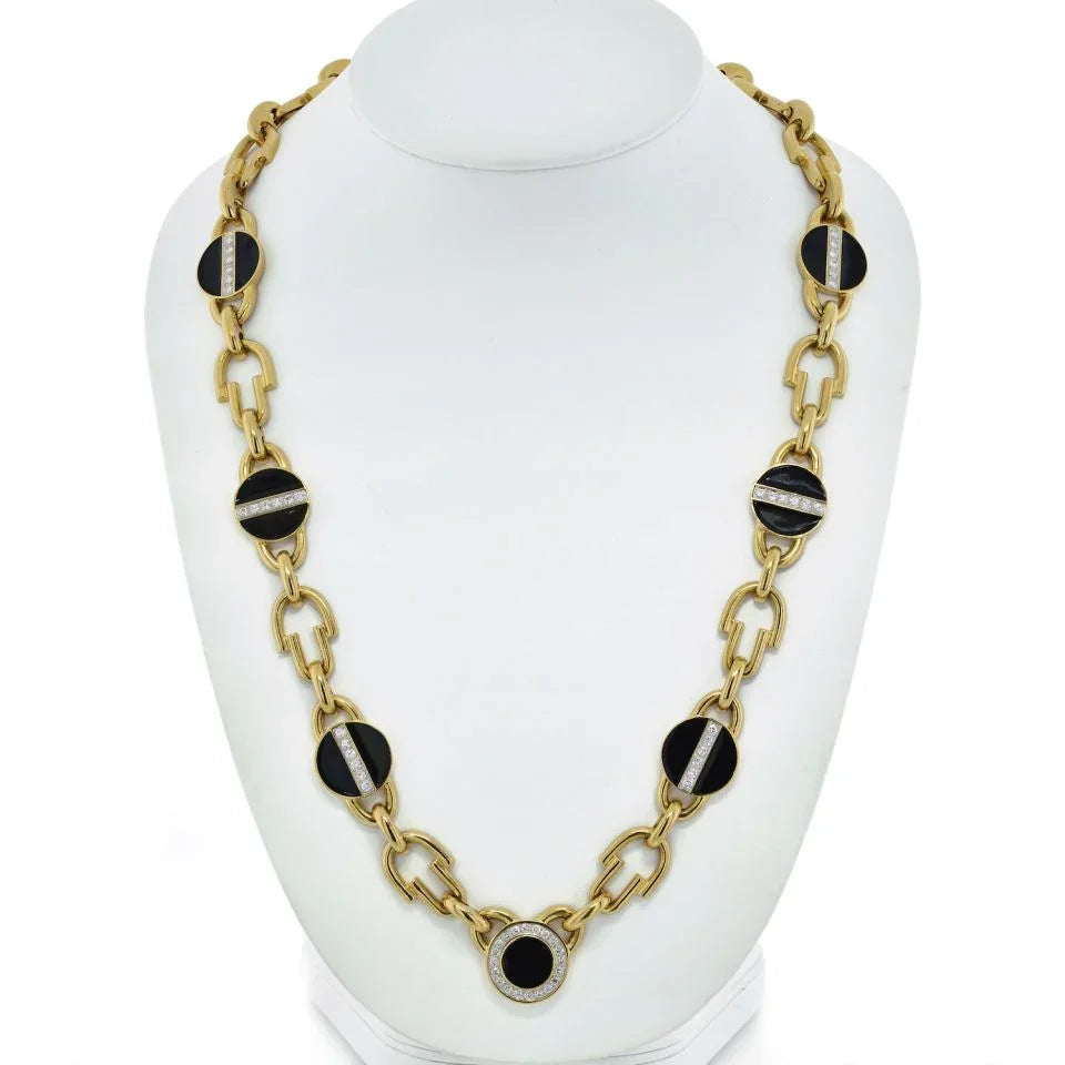 David Webb Yellow Gold Link Black Enamel Diamond Chain Necklace — view 2 — Laura Milman New York