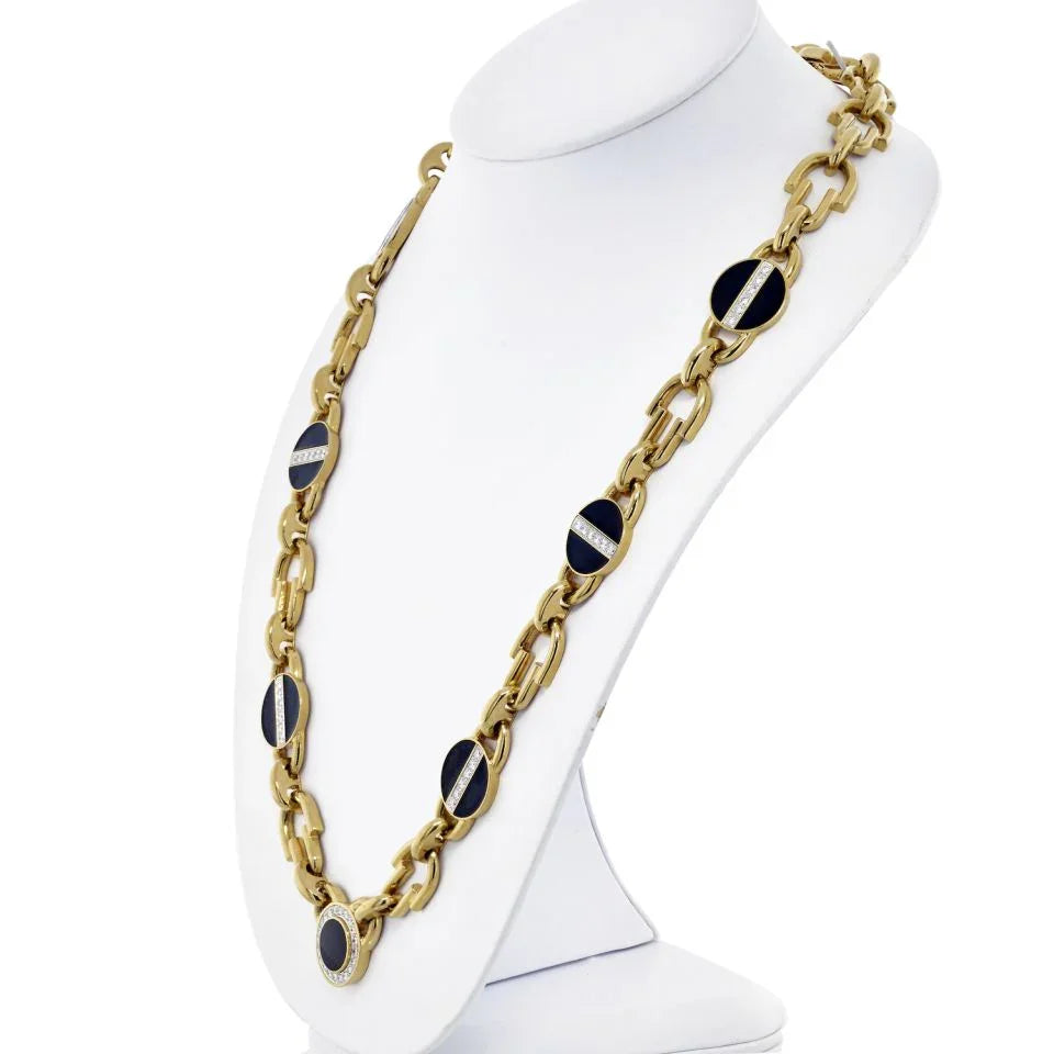 David Webb Yellow Gold Link Black Enamel Diamond Chain Necklace — view 3 — Laura Milman New York