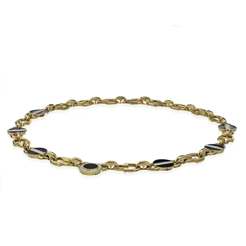 David Webb Yellow Gold Link Black Enamel Diamond Chain Necklace — view 4 — Laura Milman New York