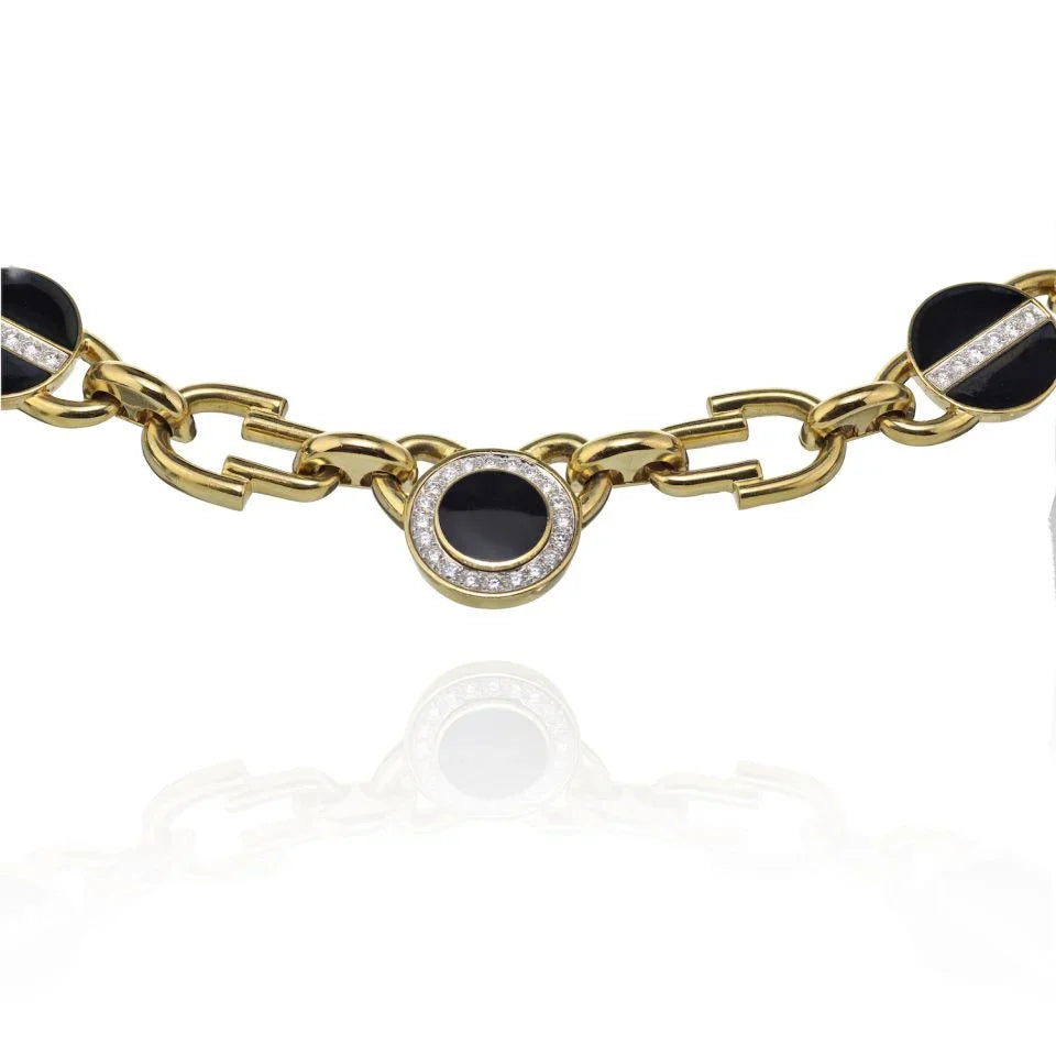 David Webb Yellow Gold Link Black Enamel Diamond Chain Necklace — view 5 — Laura Milman New York