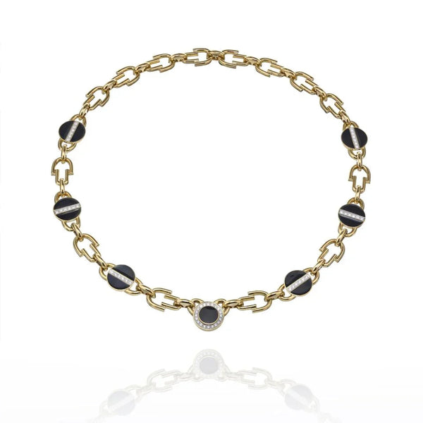 David Webb Yellow Gold Link Black Enamel Diamond Chain Necklace