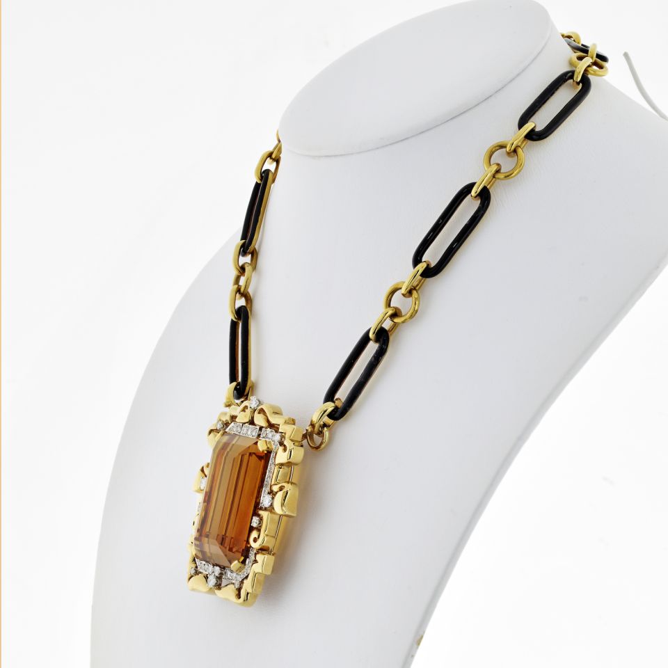 David Webb Platinum & 18K Yellow Gold Large Topaz And Diamond Pendant On A Black Enamel Chain Necklace — view 4 — Laura Milman New York
