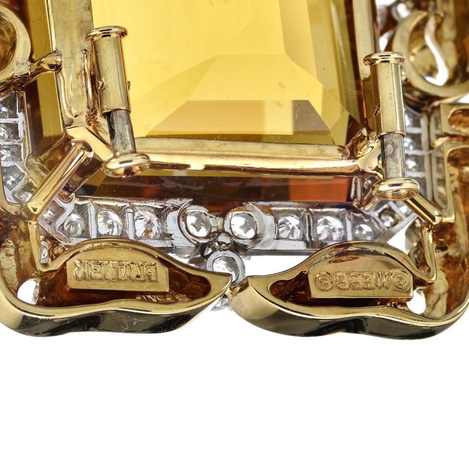 David Webb Platinum & 18K Yellow Gold Large Topaz And Diamond Pendant On A Black Enamel Chain Necklace — view 6 — Laura Milman New York