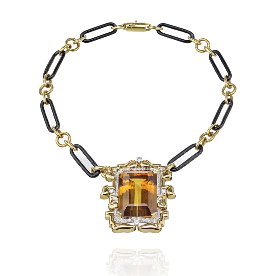 David Webb Platinum & 18K Yellow Gold Large Topaz And Diamond Pendant On A Black Enamel Chain Necklace — Laura Milman New York