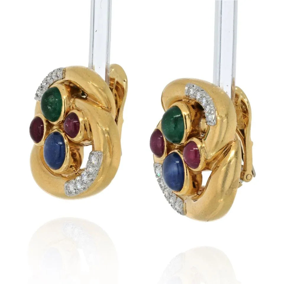 David Webb Platinum & 18K Yellow Gold Multi Color Gemstone And Diamond Earrings — view 2 — Laura Milman New York
