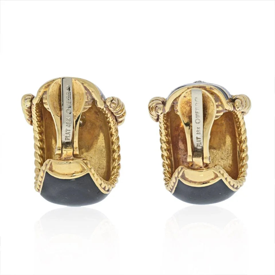 David Webb Gold Black Enamel Diamond Signature Earrings — view 4 — Laura Milman New York