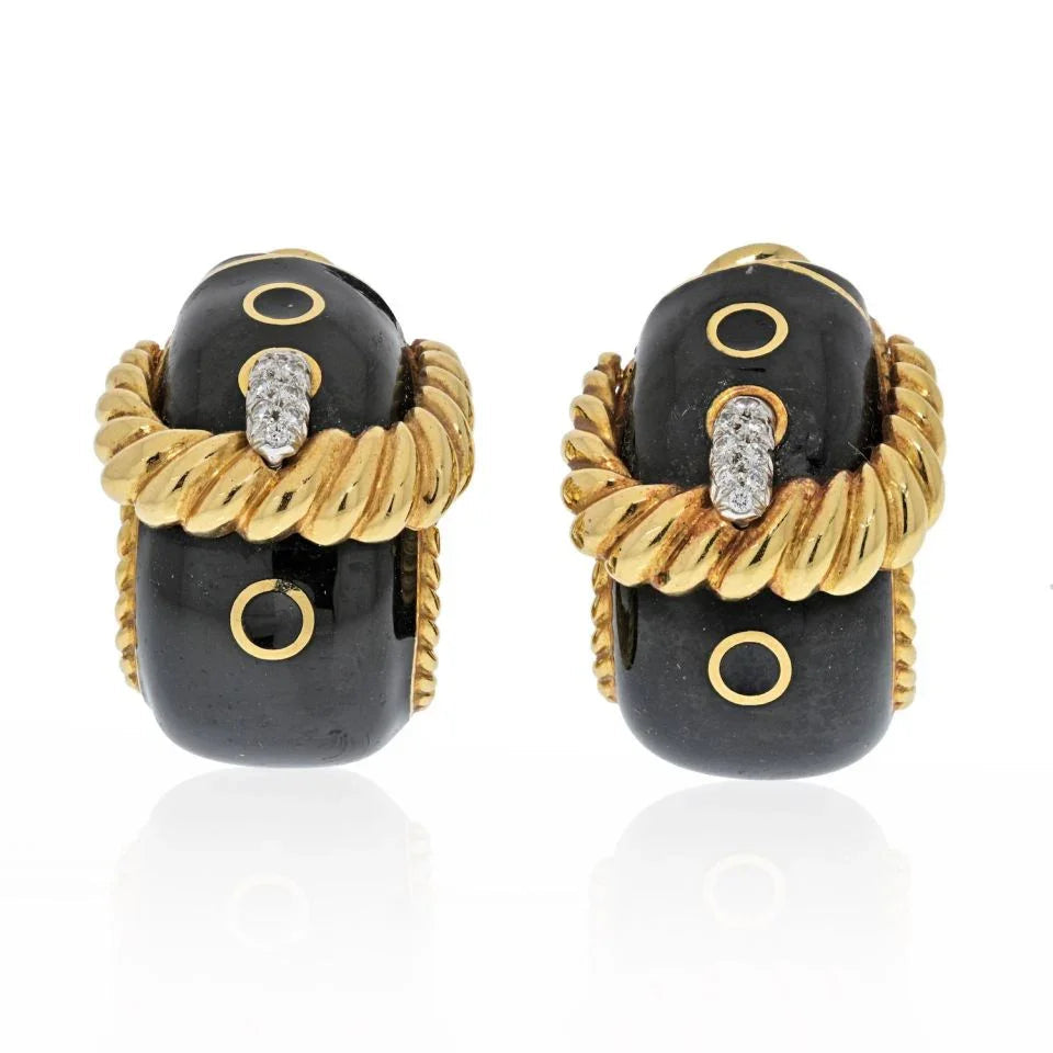 David Webb Gold Black Enamel Diamond Signature Earrings — Laura Milman New York