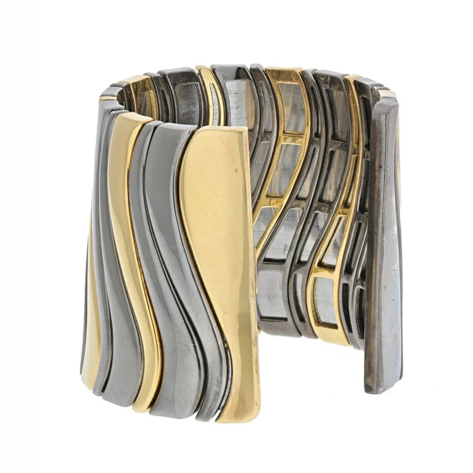 Marina B . 18K Yellow Gold Hematite Large Cuff Bangle Bracelet — view 2 — Laura Milman New York