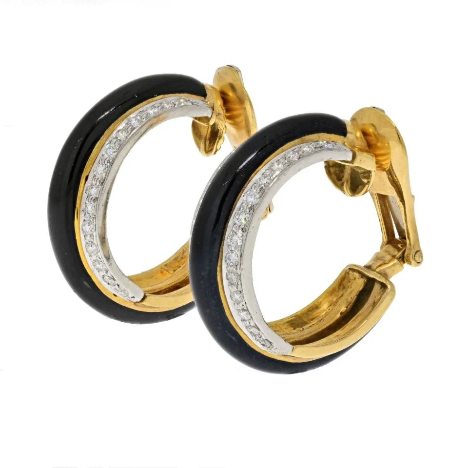 David Webb Platinum & 18K Yellow Gold Black Enamel Diamond Hoop Earrings — view 2 — Laura Milman New York