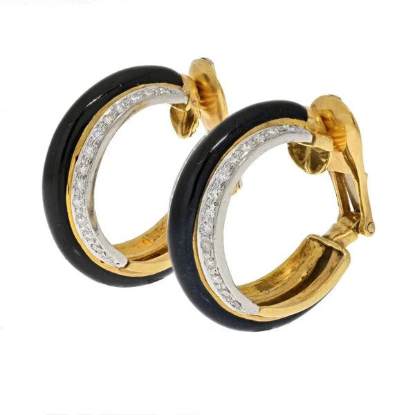 David Webb Platinum & 18K Yellow Gold Black Enamel Diamond Hoop Earrings — view 2