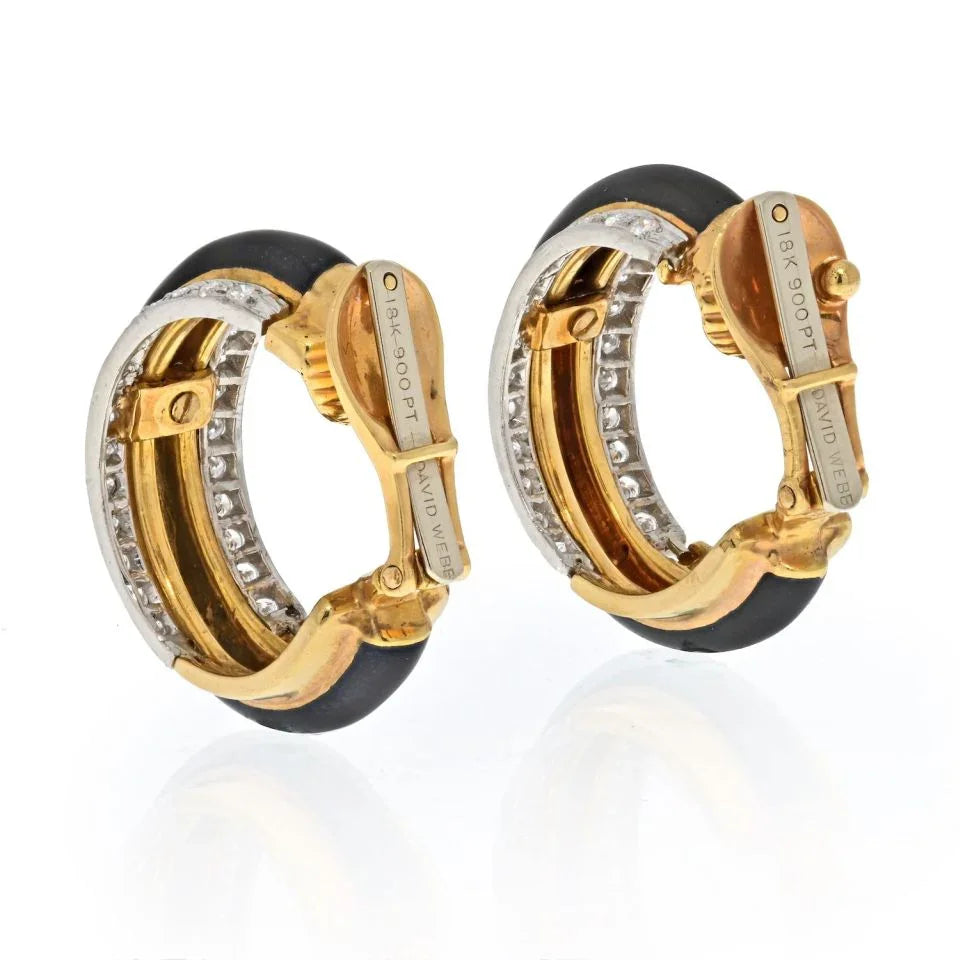 David Webb Platinum & 18K Yellow Gold Black Enamel Diamond Hoop Earrings — view 3 — Laura Milman New York